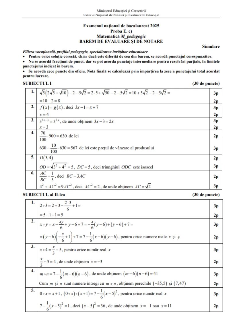 Barem simulare bac 2025