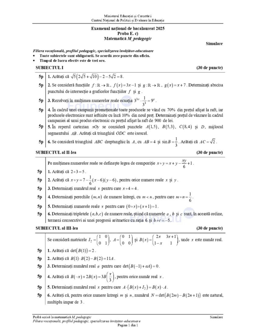 Subiecte simulare bac 2025