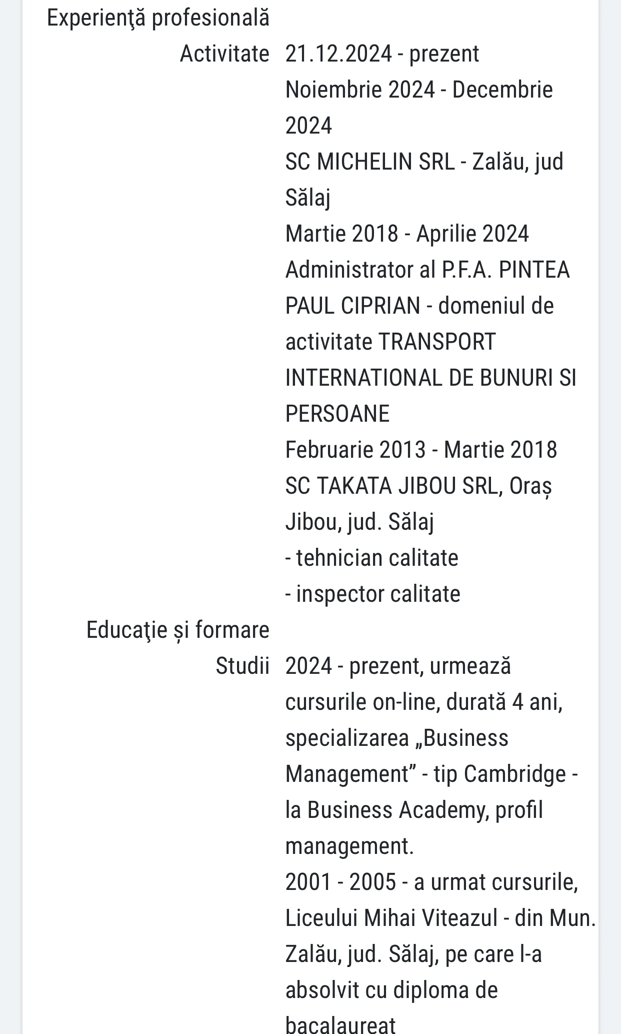 CV Paul Ciprian Pintea 