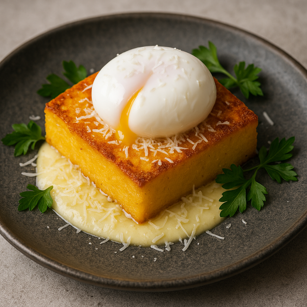 Mămăligă coaptă cu brânză maturată și ou poșat. O rețetă cu rădăcini vechi