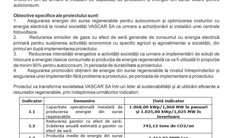Anunț privind începerea implementării proiectului cu titlul. “ÎNFIINȚARE CAPACITATE DE PRODUCERE A ENERGIEI REGENERABILE PENTRU AUTOCONSUMUL SOCIETĂȚII VASCAR S.A”