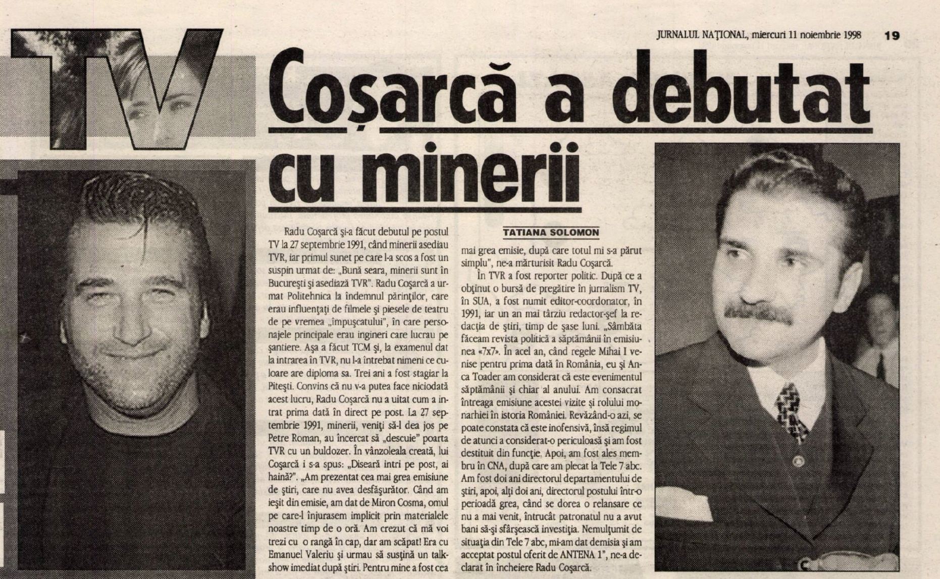 Articol despre debutul lui Radu Coșarcă în TV