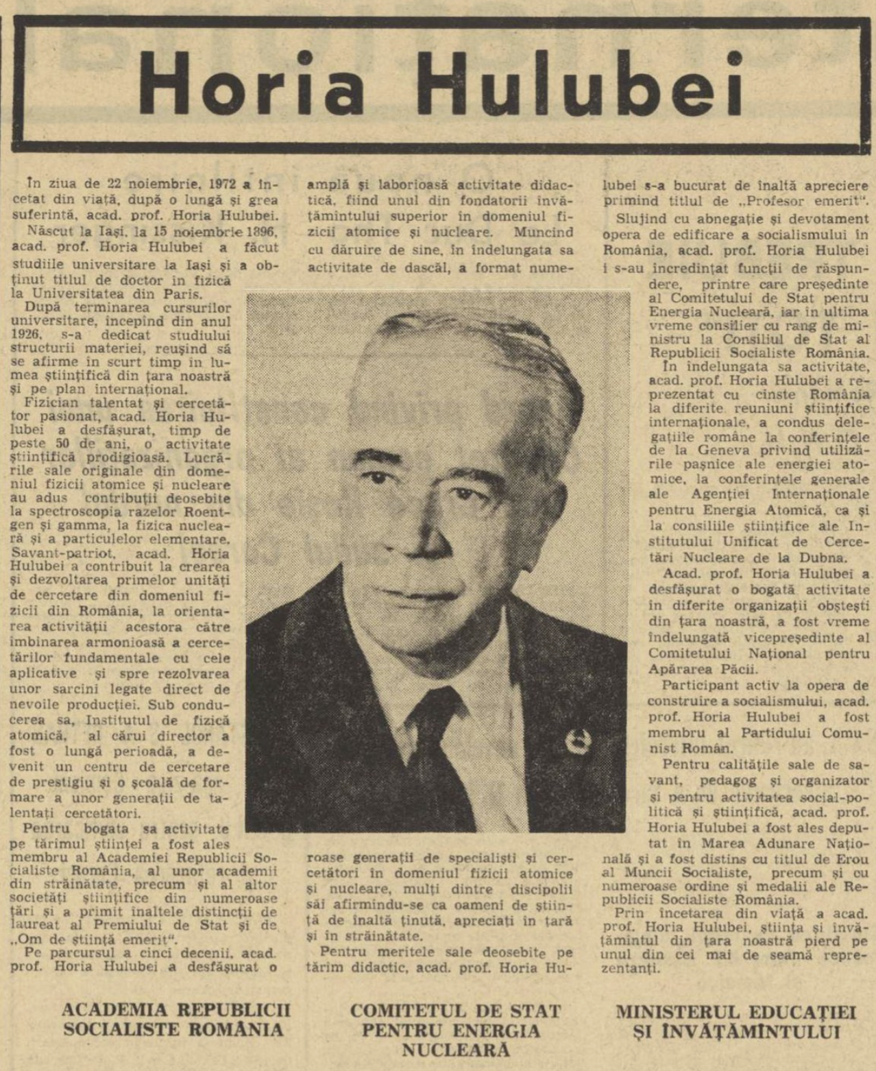 Horia Hulubie, anunț deces în 1972