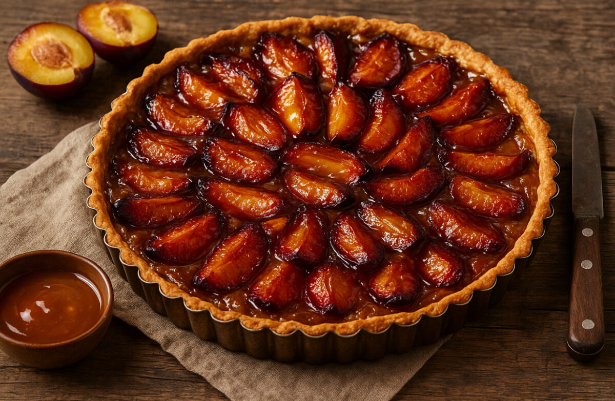 Rețetă de tartă cu prune și caramel. Deliciul care te cucerește de la prima felie