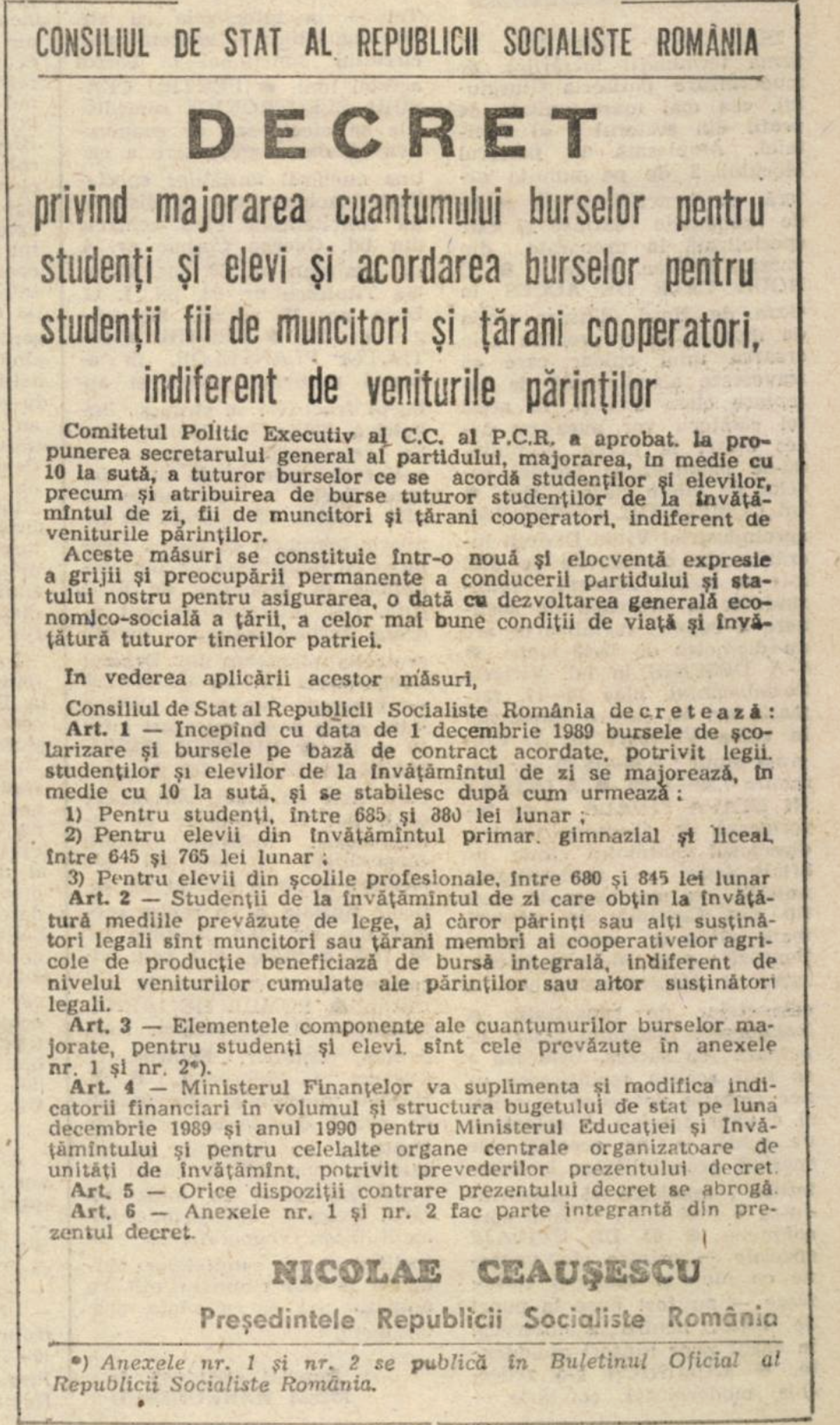 Decret majorare burse, 1989