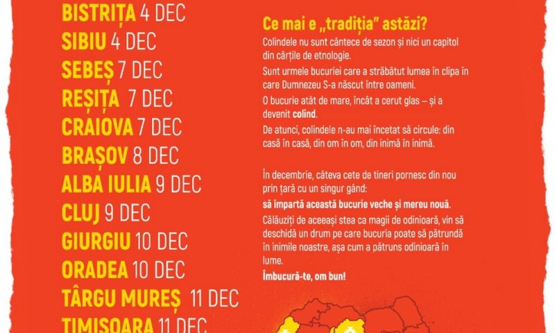Turneul Național de Colinde „Îmbucură-te, om bun!” 2025: Tinerii din 12 asociații duc bucuria Crăciunului în 15 orașe din țară