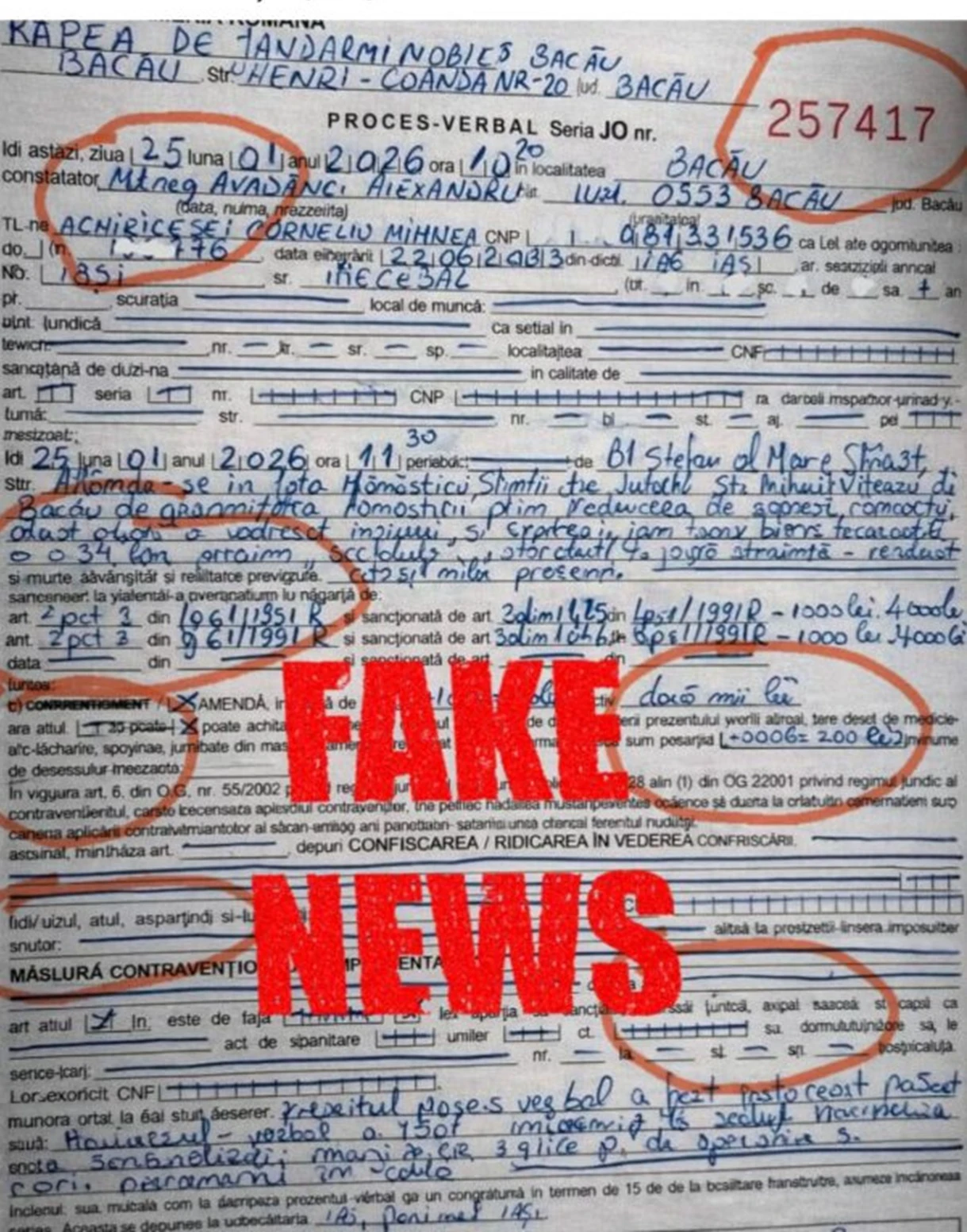 Proces verbal fals Jandarmerie