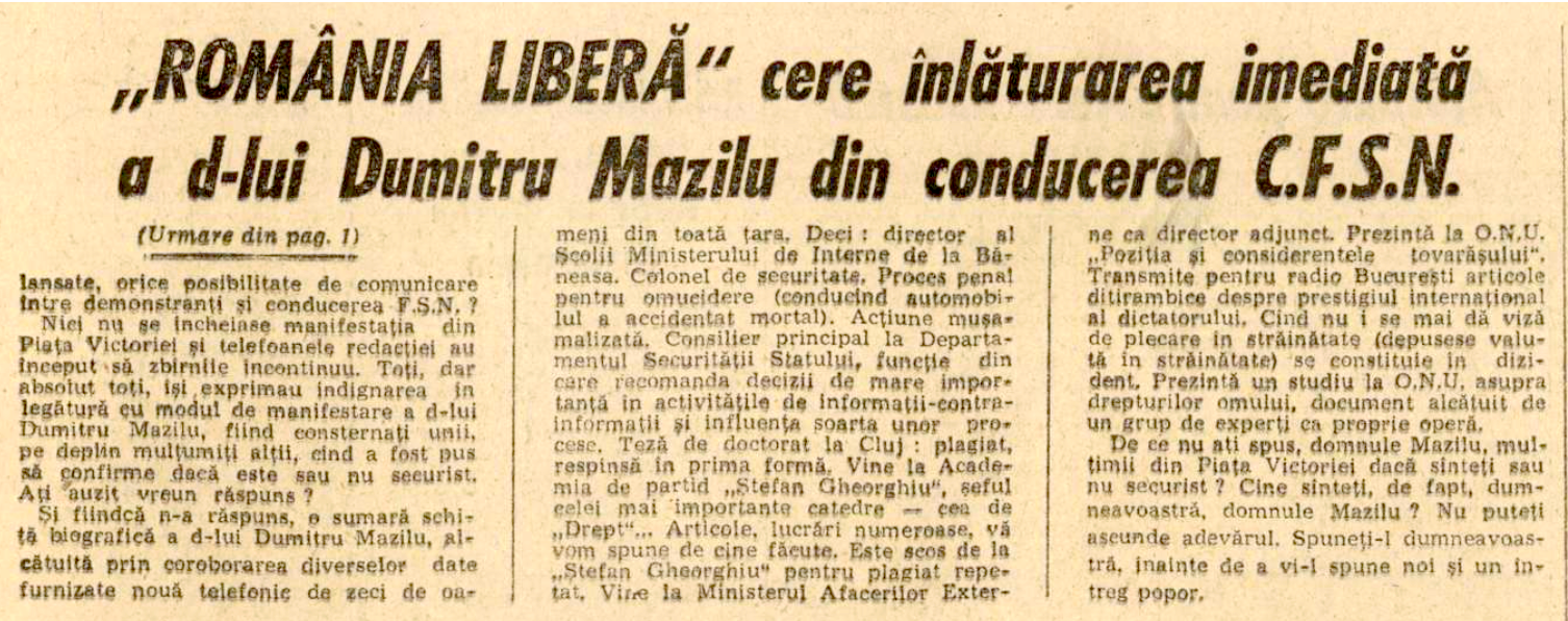 România Liberă, 13 ianuarie 1990, amănunte din dosarul lui D. Mazilu. sursa: arhiva