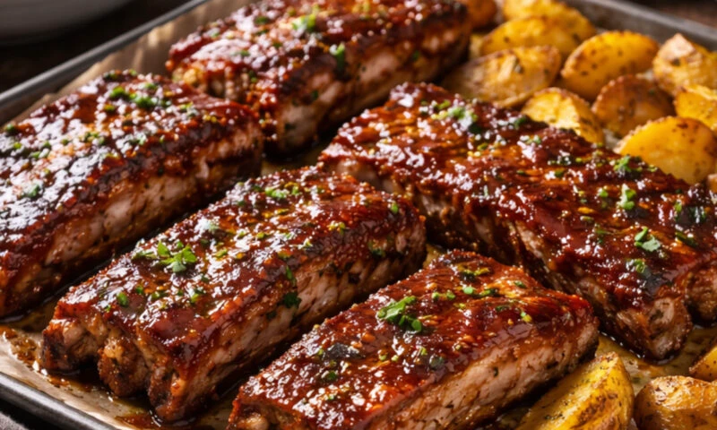 Coaste cu miere și cartofi la cuptor. Preparatul ideal pentru un prânz în familie