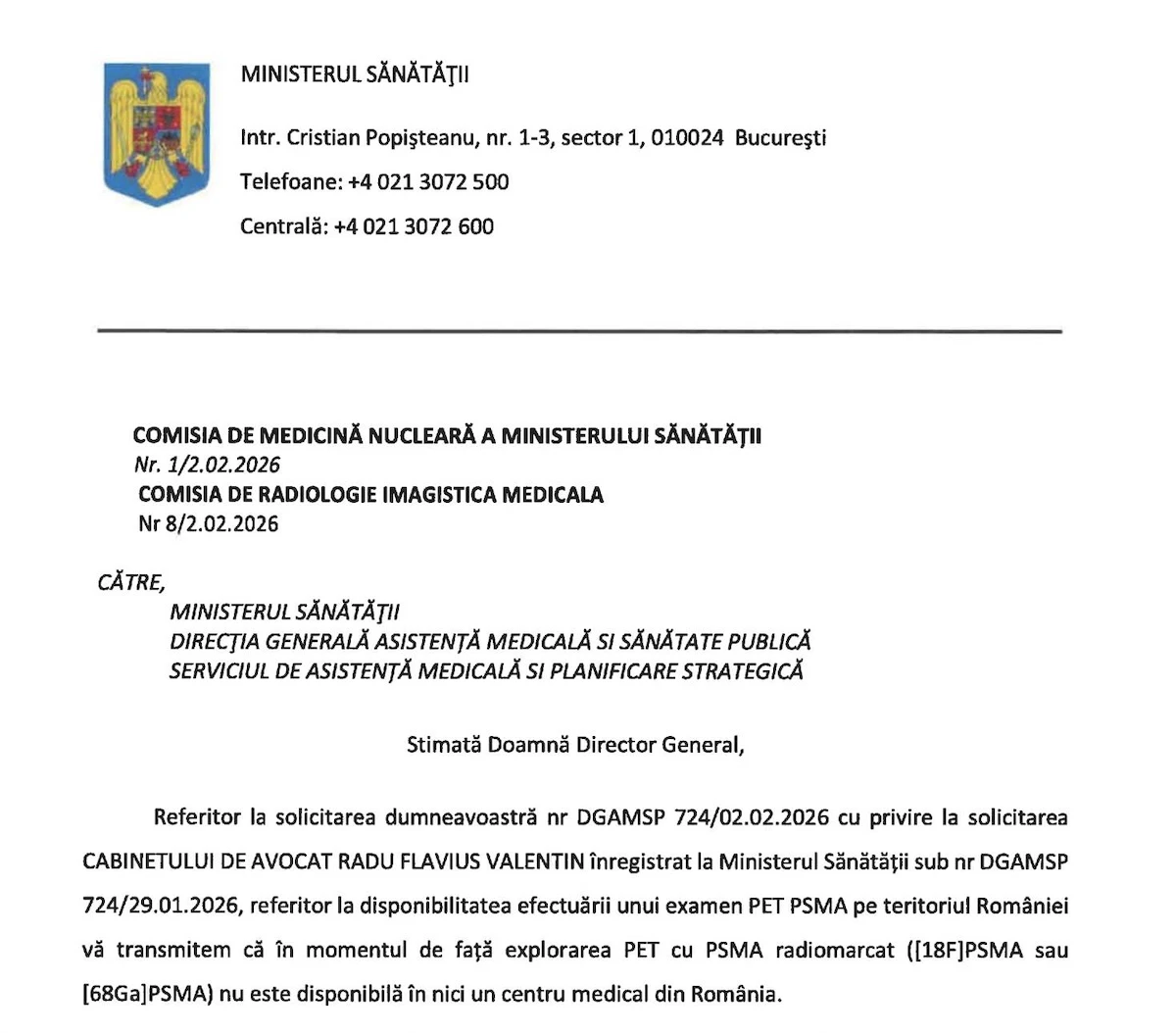 Adresa Ministerului sănătății. 