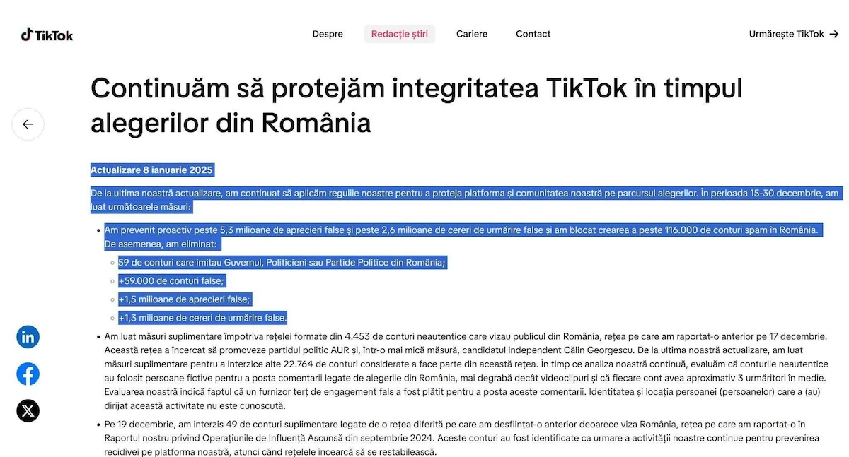 Raportul TikTok din ianuarie 2025