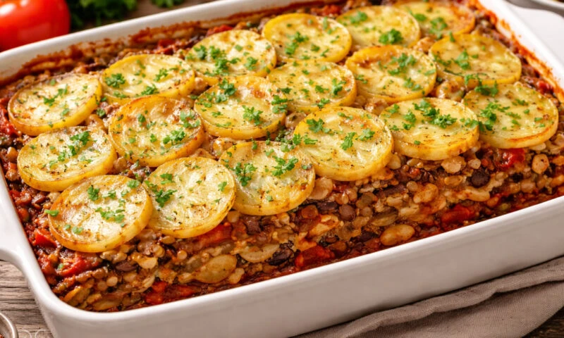 Musaca de post cu cartofi și sos de roșii. Preparatul adună întreaga familie la masă