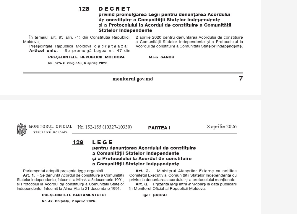Republica Moldova rupe definitiv legăturile cu CSI. Decretul de promulgare semnat de Maia Sandu a fost publicat în Monitorul Oficial